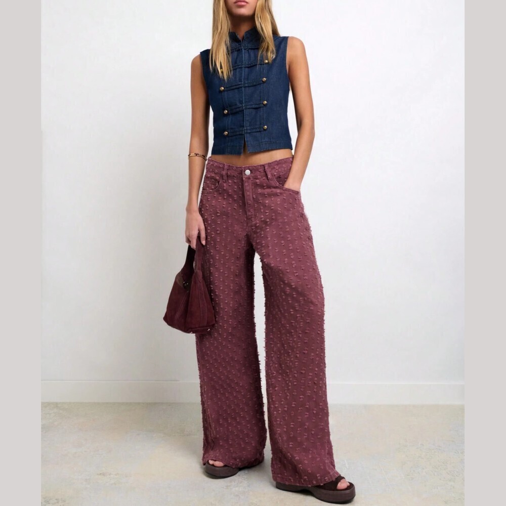 Berry Red Textured Denim Wide Leg High Rise Jeans